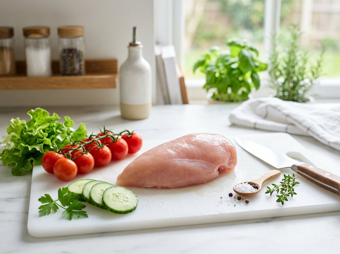 Raw chicken breast on a cutting board surrounded by fresh vegetables in a bright kitchen.