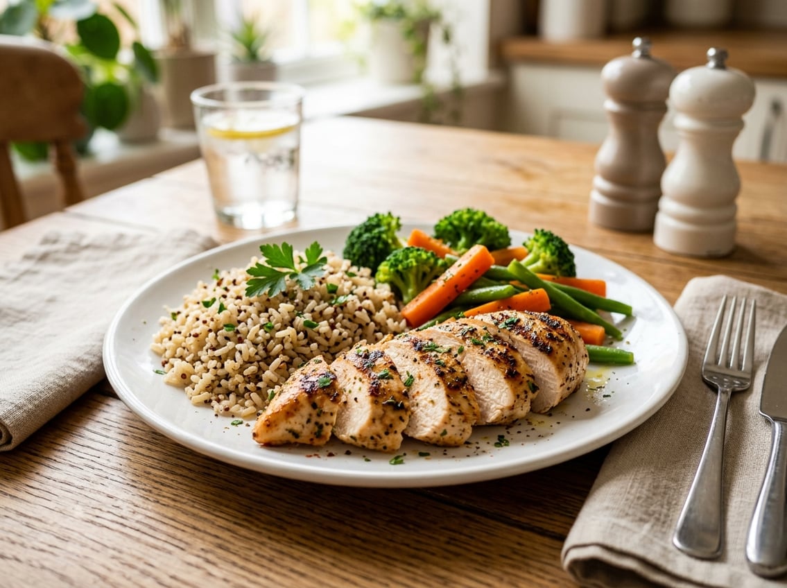A plate with grilled chicken breast, steamed vegetables, and brown rice on a wooden table.