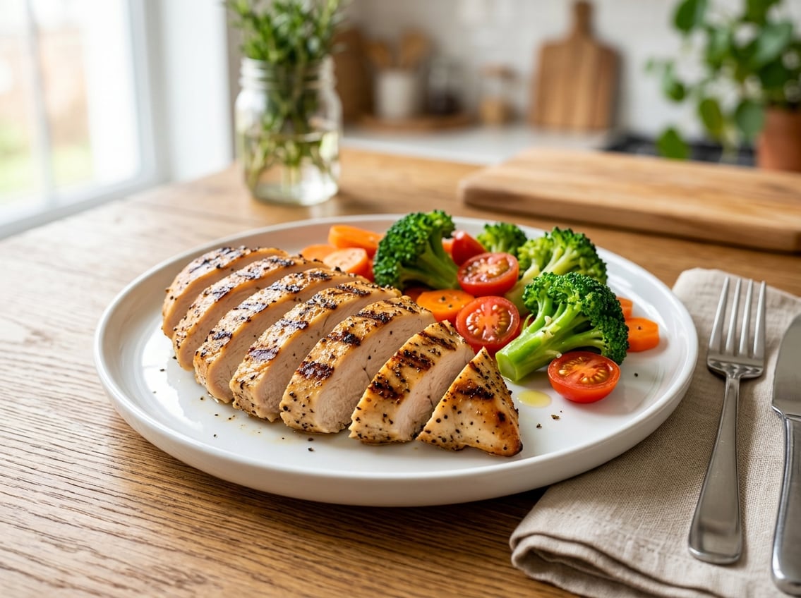 A plate with sliced cooked chicken breast and assorted colorful vegetables on a table.