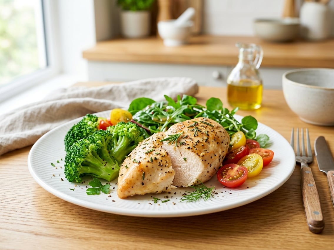 A cooked chicken breast served on a plate with fresh vegetables including broccoli, cherry tomatoes, and leafy greens on a kitchen table.