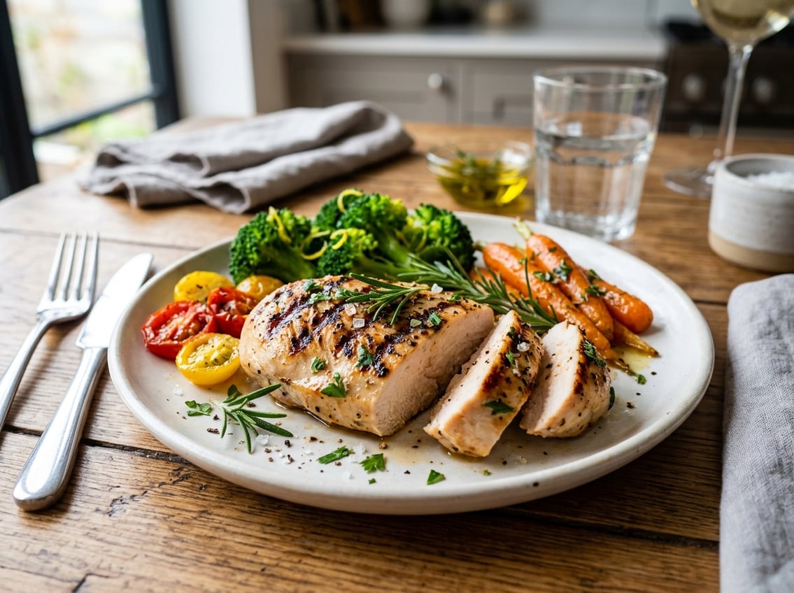 Cooked chicken breast with fresh herbs and colorful vegetables on a white plate on a dining table.
