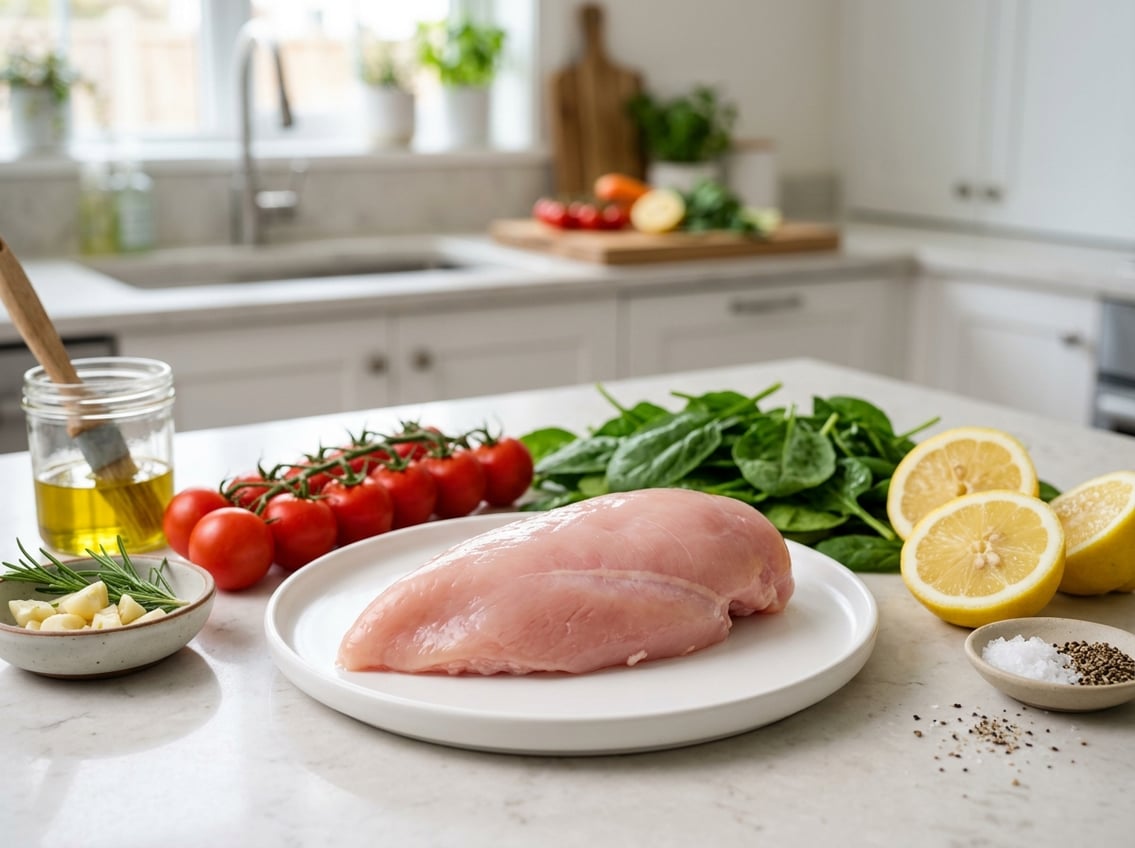 A fresh raw chicken breast on a white plate surrounded by cherry tomatoes, spinach leaves, and lemon slices on a kitchen countertop.