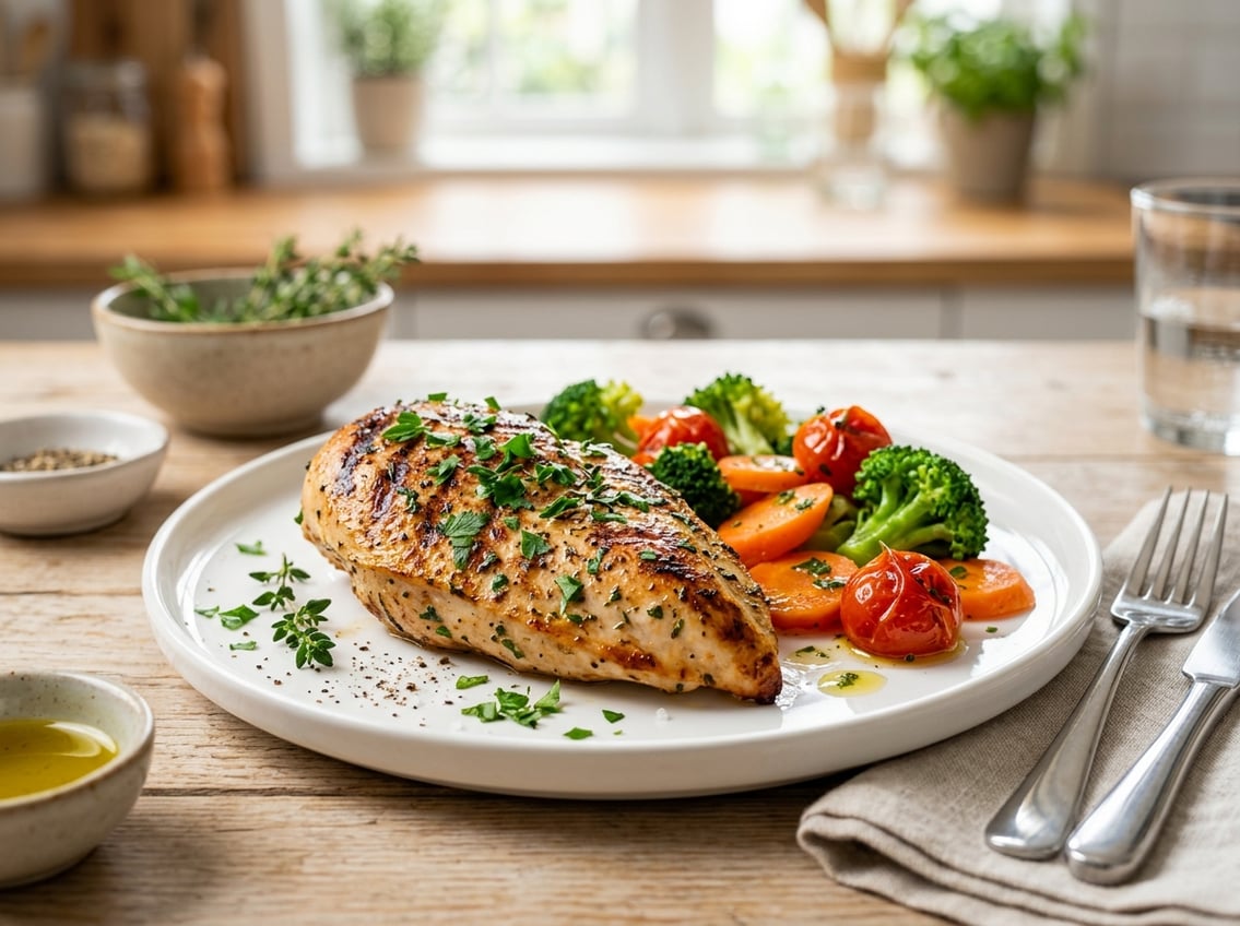 A plate with a cooked chicken breast garnished with herbs and served with steamed vegetables on a table.