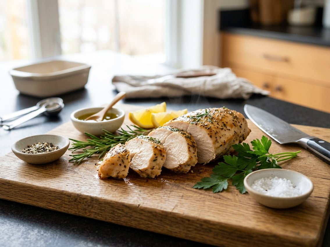 A sliced cooked chicken breast on a wooden cutting board with fresh herbs and lemon wedges in a kitchen setting.