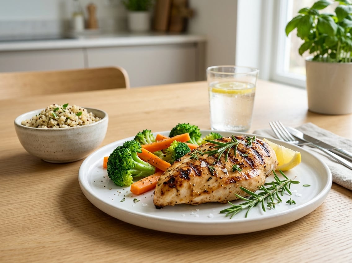 A cooked chicken breast on a white plate with herbs, steamed vegetables, and a glass of water on a bright dining table.