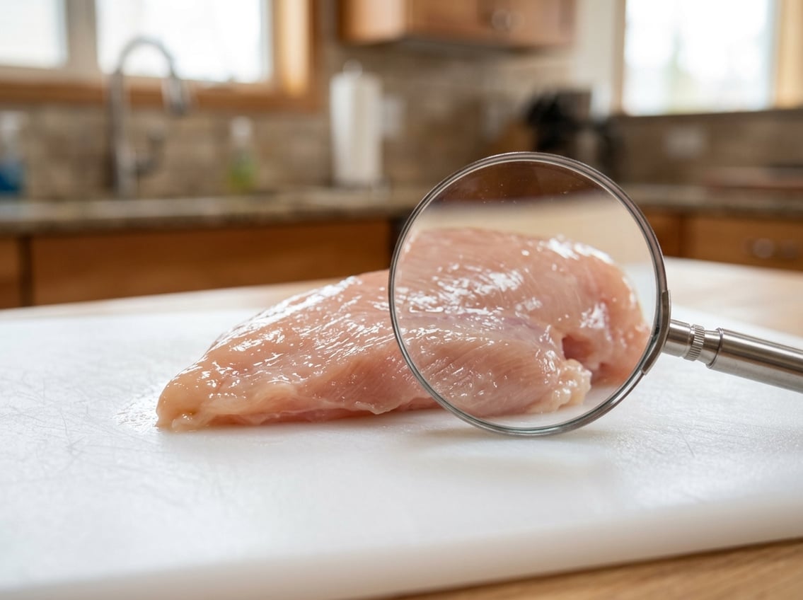 Close-up of a raw chicken breast on a cutting board with a magnifying glass inspecting it.