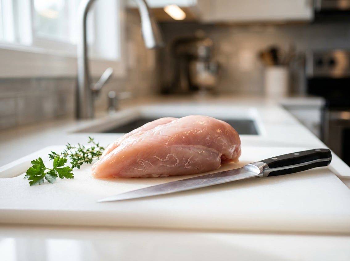 Close-up of raw chicken breast on a cutting board with kitchen tools nearby, highlighting concerns about parasites in poultry.