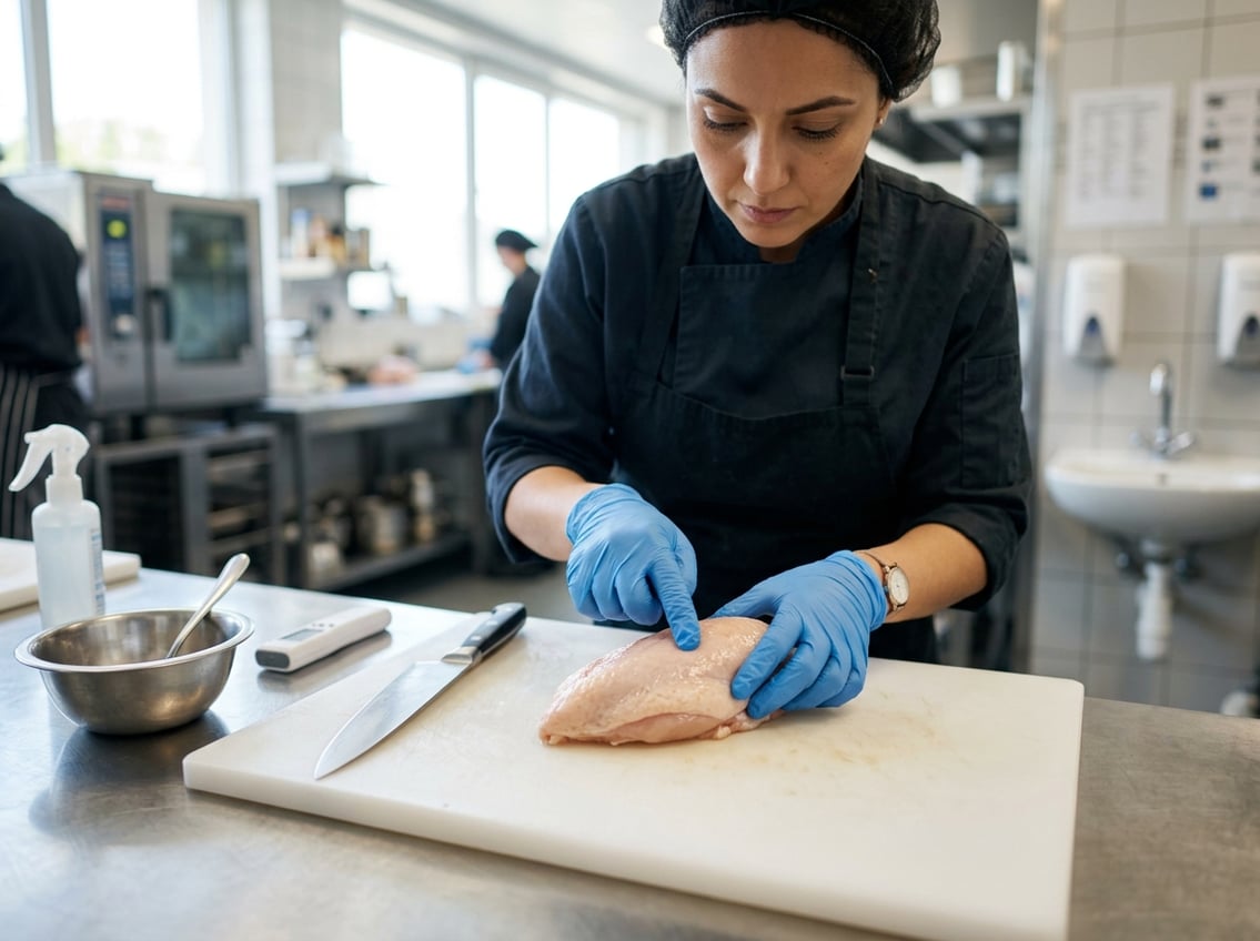 Hands wearing gloves inspecting a raw chicken breast on a cutting board in a kitchen.