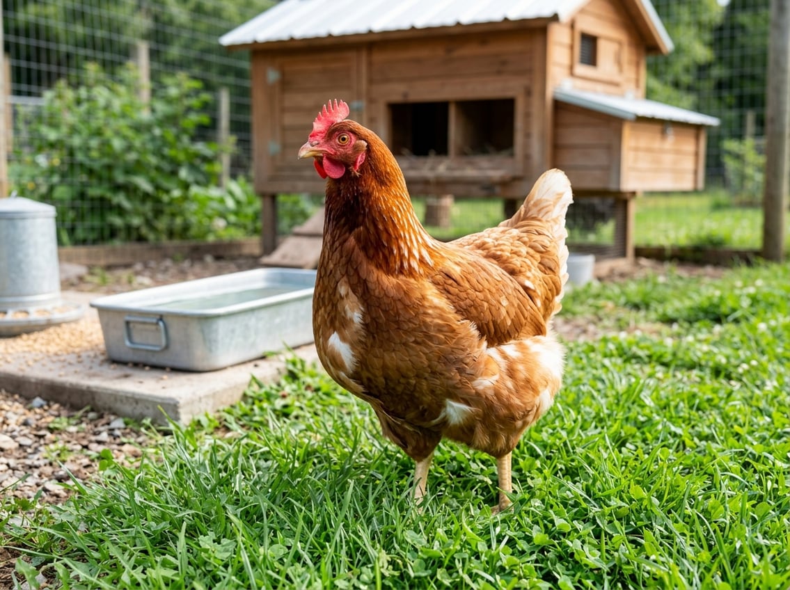 A healthy live chicken standing on green grass in a clean farm setting with a wooden coop in the background.