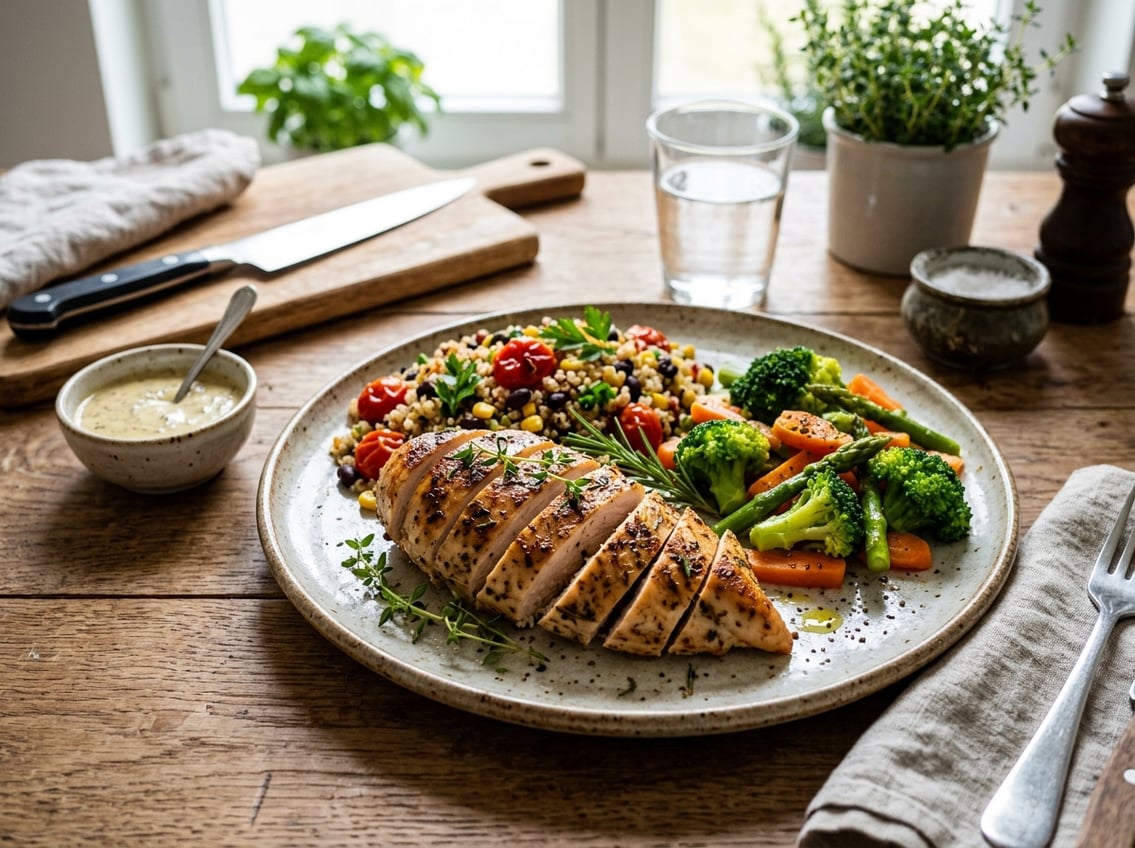 A cooked chicken breast sliced on a plate with vegetables and quinoa on a wooden table.