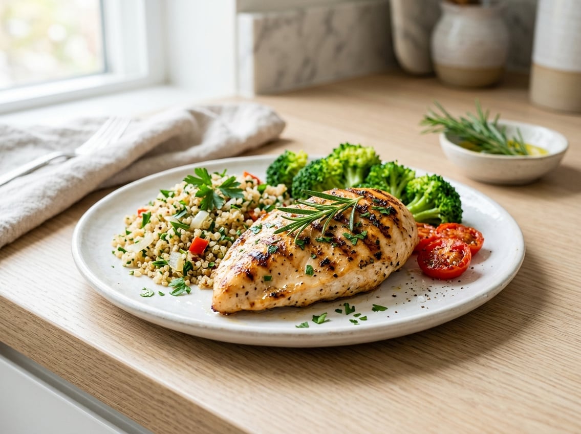 A single cooked chicken breast on a white plate with fresh herbs and colorful vegetables on a kitchen countertop.