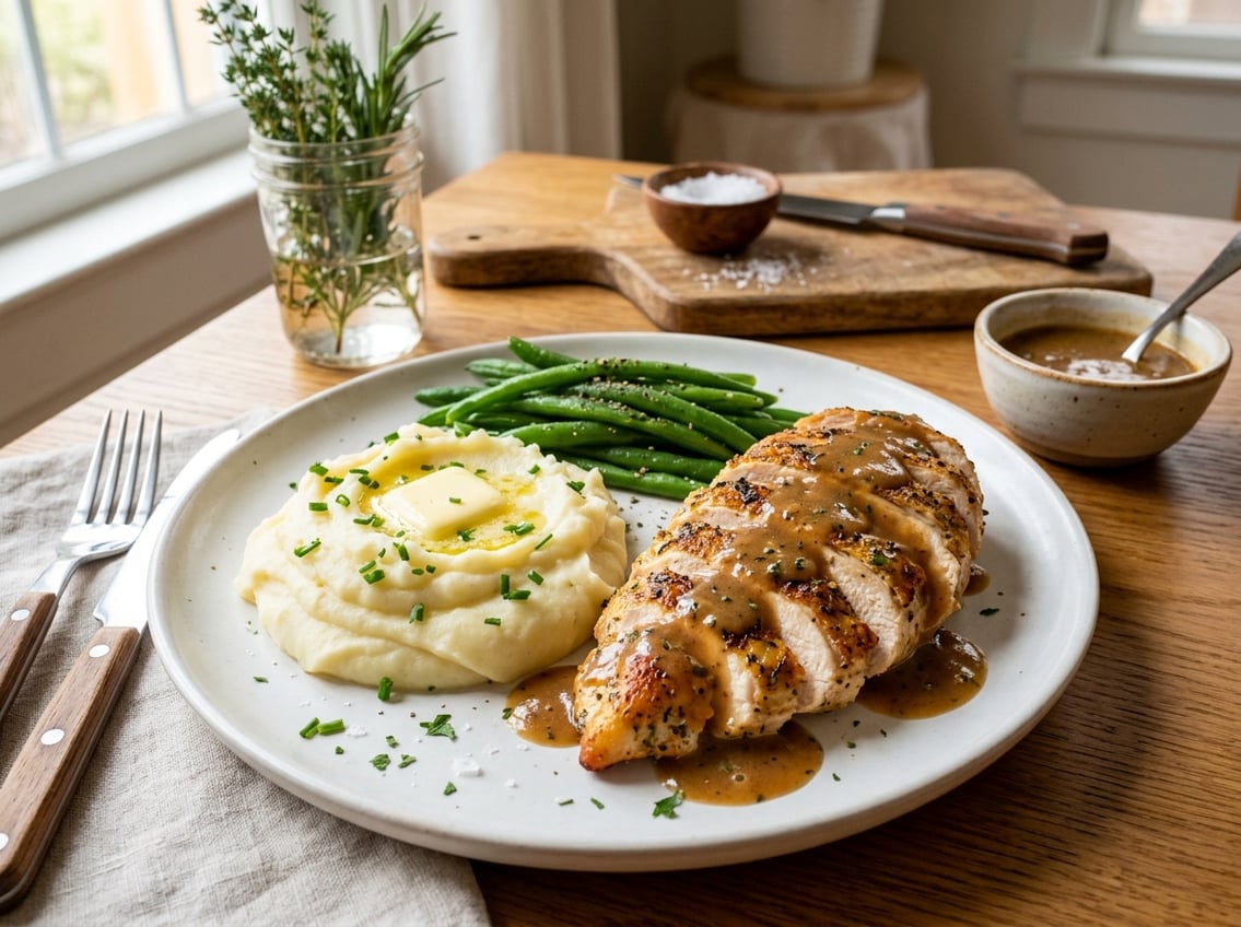 A plated cooked chicken breast with mashed potatoes, green beans, and gravy on a kitchen table.