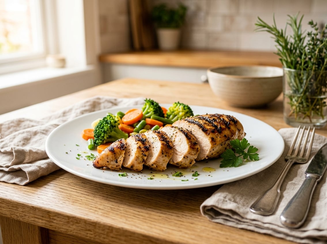 A cooked chicken breast sliced on a plate with steamed vegetables on the side.