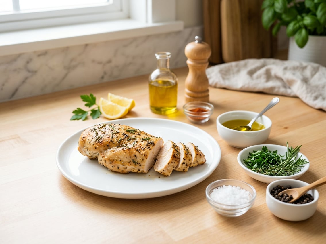 A cooked chicken breast on a white plate surrounded by small bowls of herbs, olive oil, salt, and pepper on a kitchen countertop.