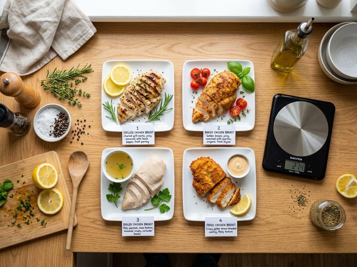 Top-down view of different cooked chicken breast portions on plates with fresh ingredients and a digital kitchen scale on a kitchen countertop.