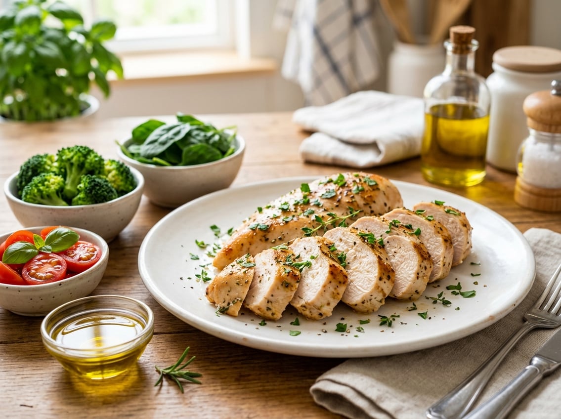 A sliced cooked chicken breast on a plate surrounded by vegetables and a small dish of olive oil on a kitchen countertop.