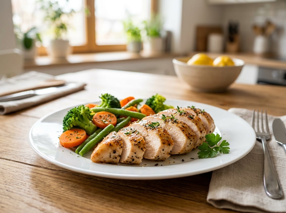 A cooked chicken breast on a white plate with steamed vegetables on the side in a bright kitchen setting.