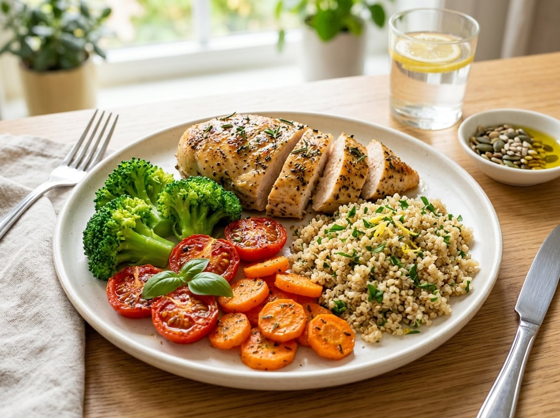 A balanced plate with a cooked chicken breast, fresh vegetables, and whole grains on a dining table.