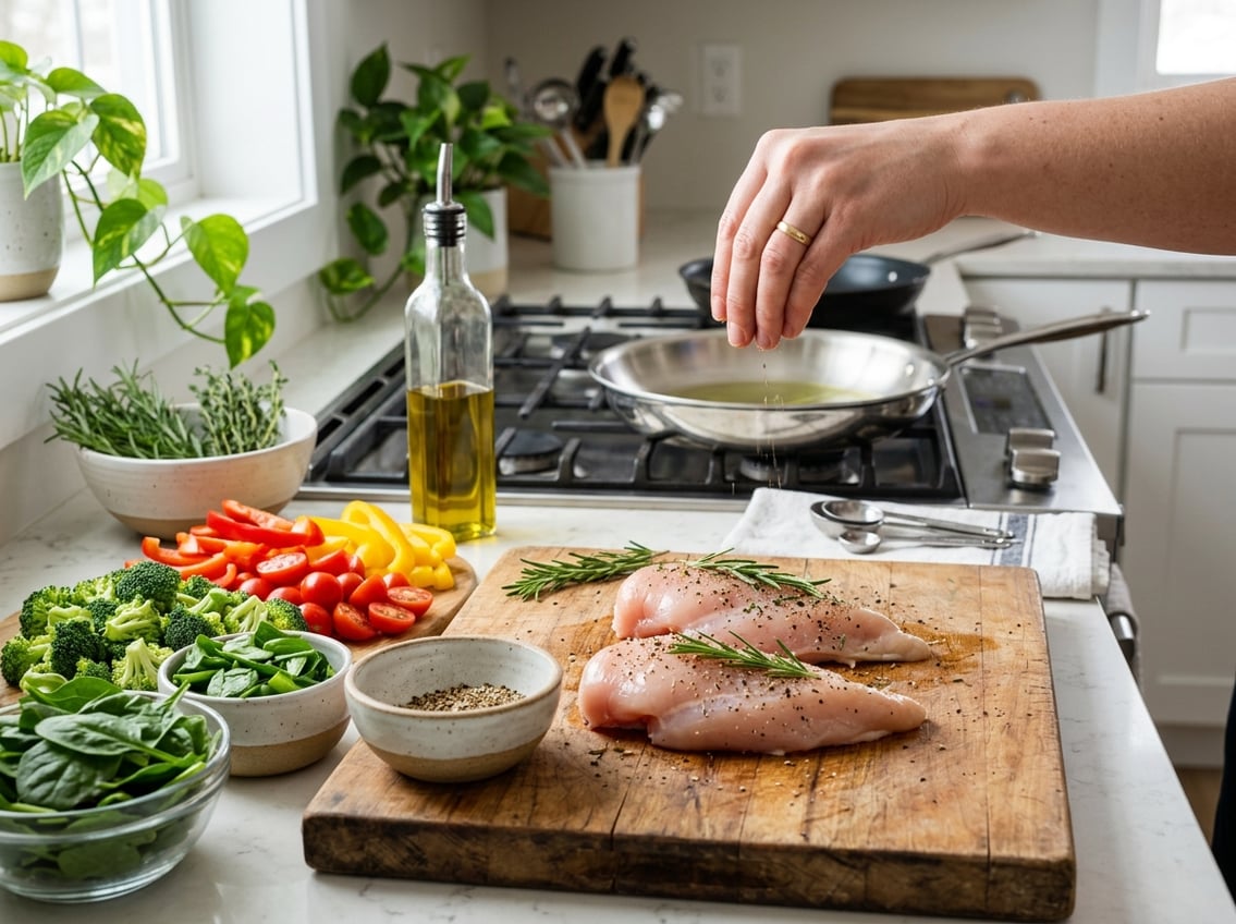 A kitchen countertop with raw chicken breasts on a cutting board surrounded by fresh vegetables and herbs, with a hand seasoning the chicken.