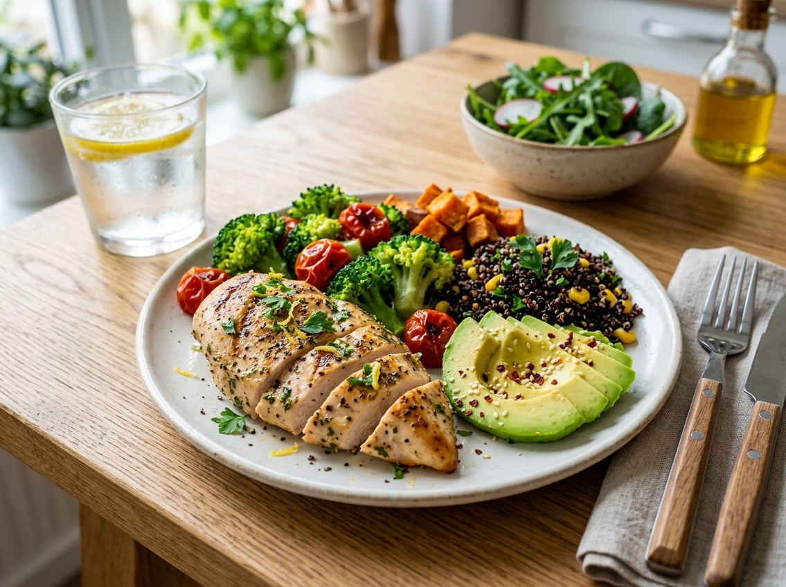 A plate with cooked chicken breast, broccoli, cherry tomatoes, and avocado slices on a wooden table with a glass of lemon water and a bowl of mixed greens in the background.