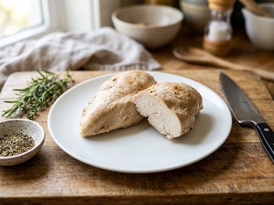 Close-up of cooked chicken breasts on a white plate with herbs and kitchen utensils in the background.