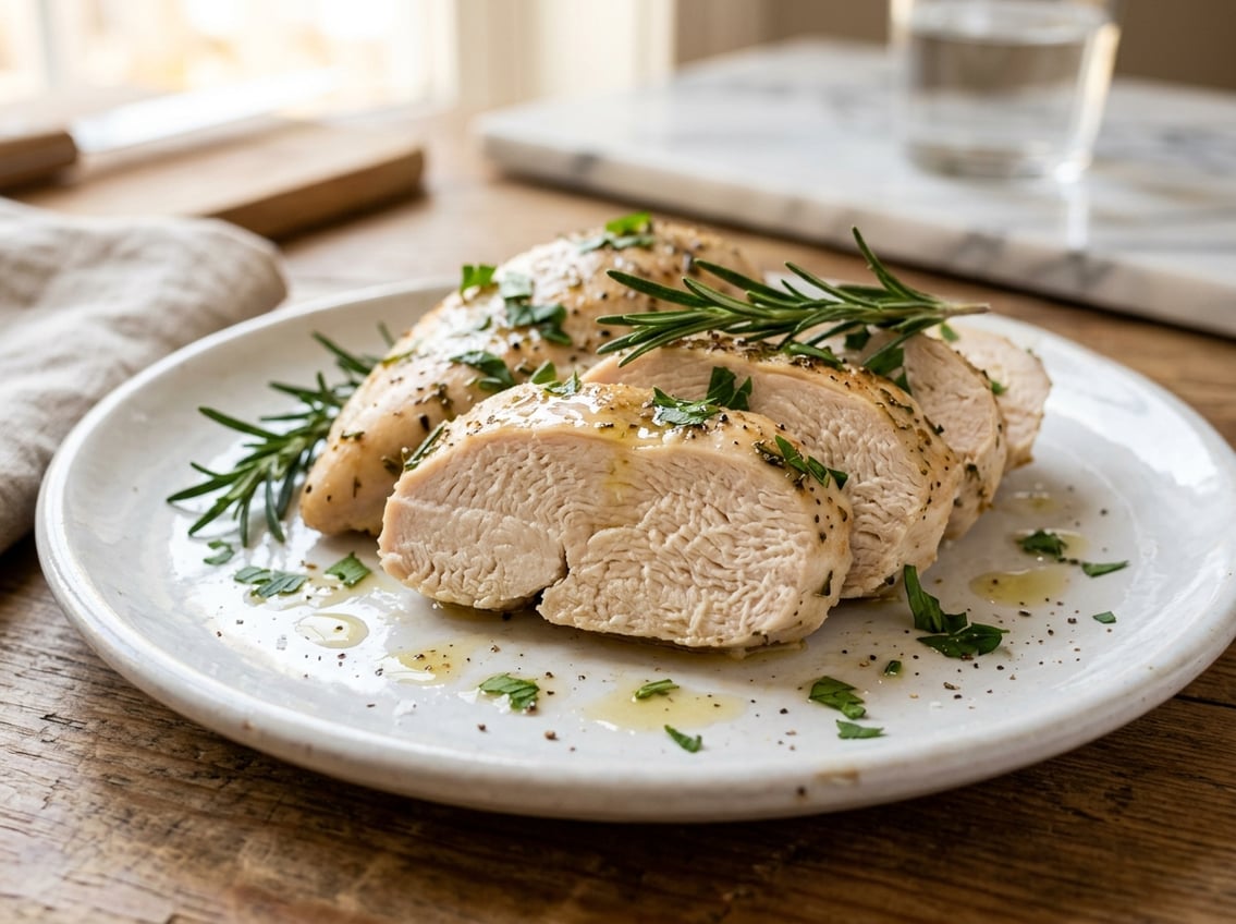 Close-up of a cooked chicken breast on a white plate garnished with fresh herbs.