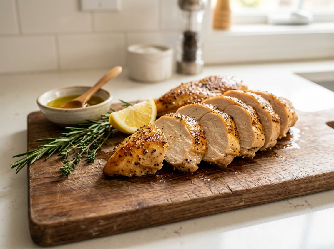 Sliced cooked chicken breast on a wooden cutting board with fresh herbs and lemon wedge on a kitchen countertop.
