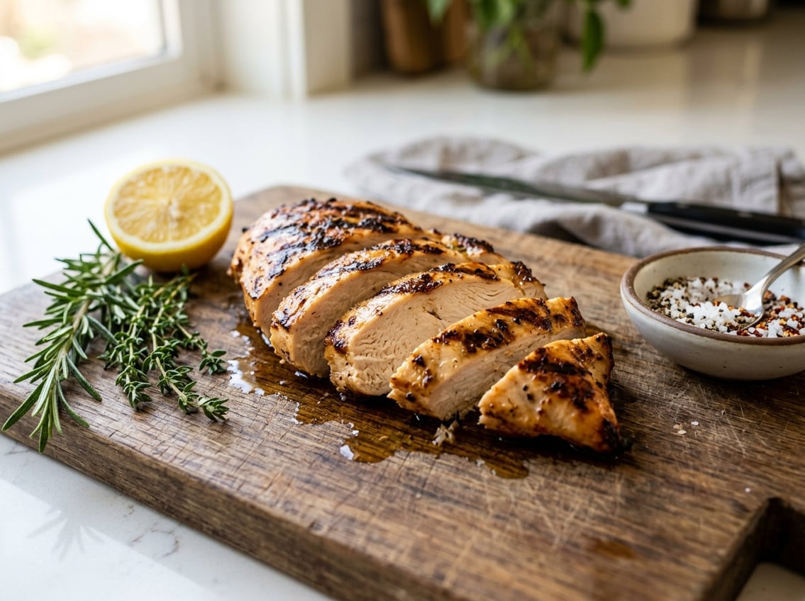 Close-up of sliced cooked chicken breast on a wooden cutting board with fresh herbs and lemon wedge nearby.