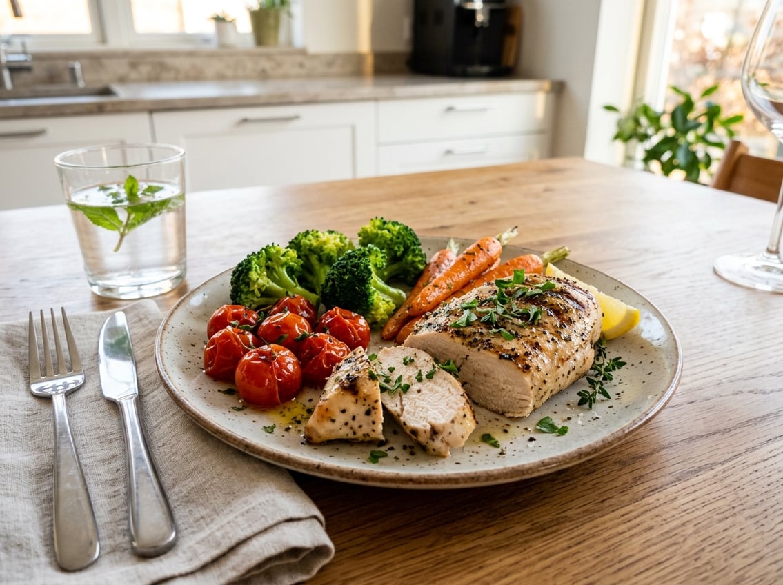 A plated grilled chicken breast served with steamed broccoli, roasted cherry tomatoes, and sliced carrots on a kitchen dining table.