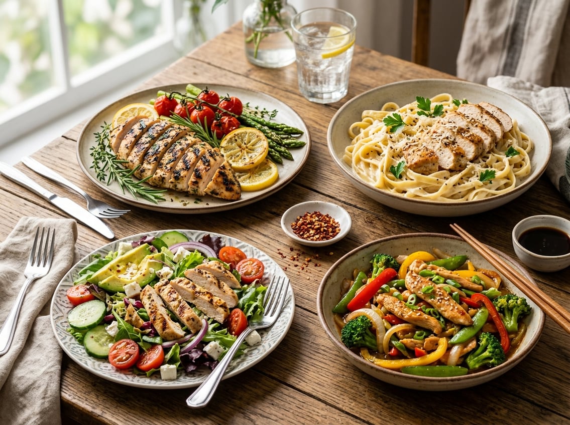 A table displaying several plates of cooked chicken breast dishes with various vegetables and garnishes.