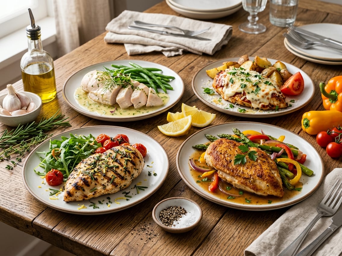 A table displaying various cooked chicken breast dishes prepared using different methods, surrounded by fresh ingredients.