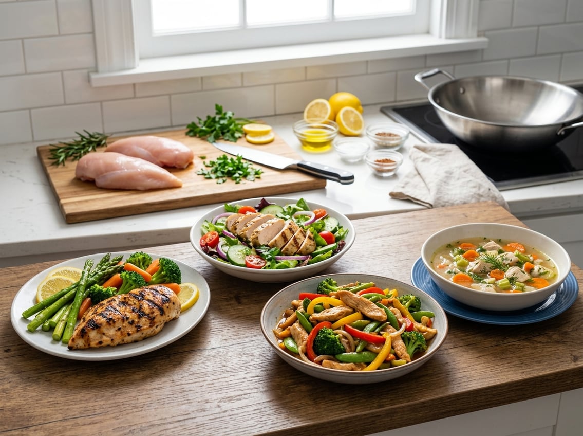 A kitchen countertop displaying several plates of different cooked chicken breast meals including grilled chicken, chicken salad, stir-fry, and chicken soup, with fresh ingredients and cooking tools in the background.