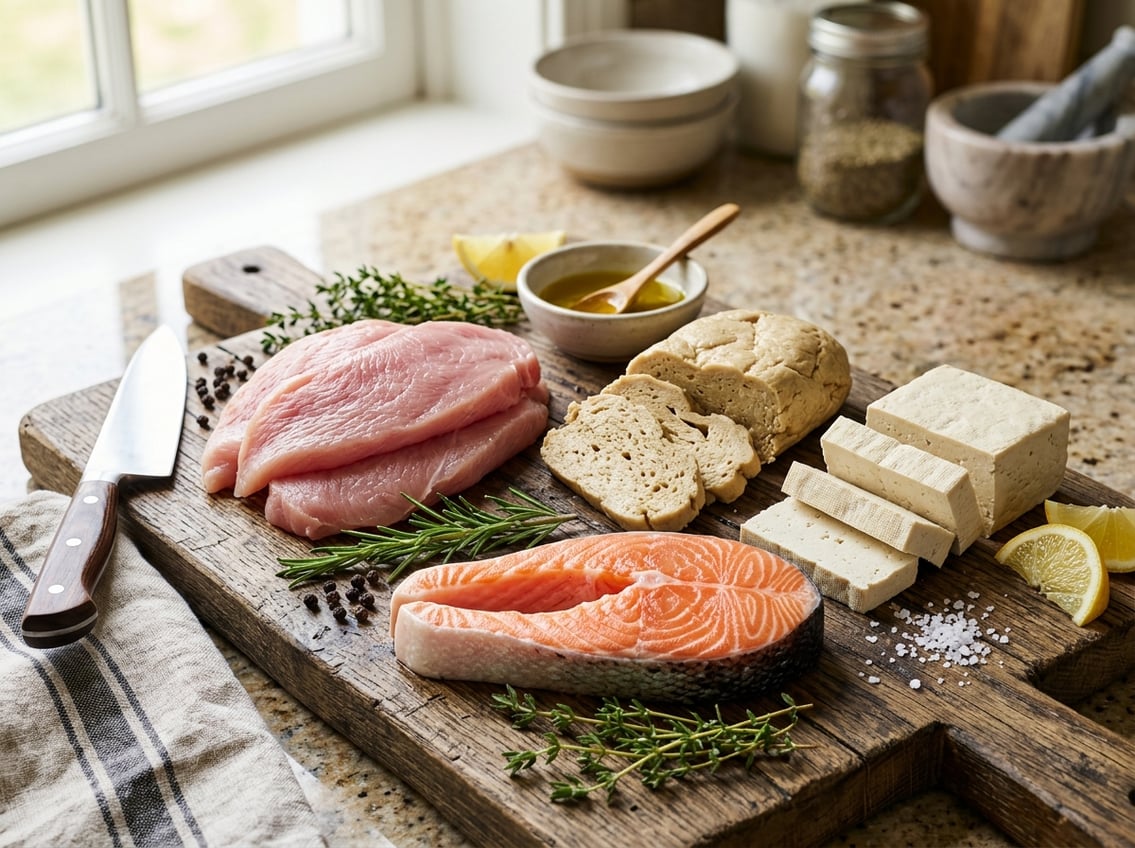 Various raw protein alternatives to chicken breast arranged on a cutting board with herbs and cooking utensils on a kitchen countertop.