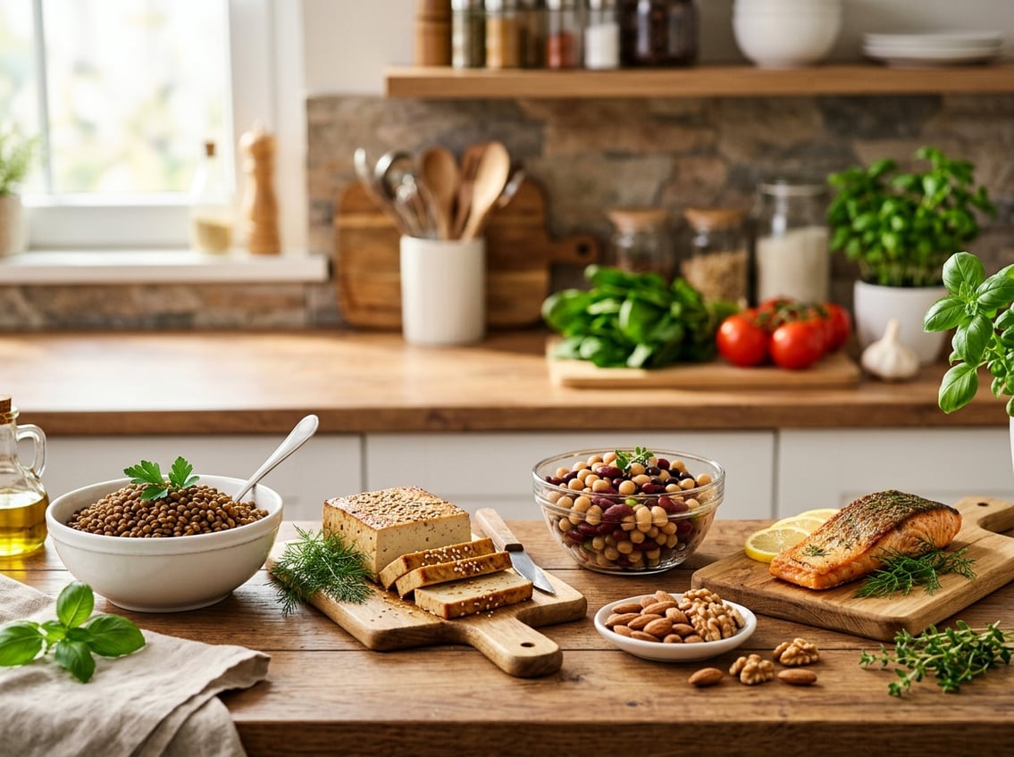 A kitchen countertop with various protein-rich foods including tofu, lentils, grilled salmon, almonds, beans, and fresh vegetables arranged neatly.