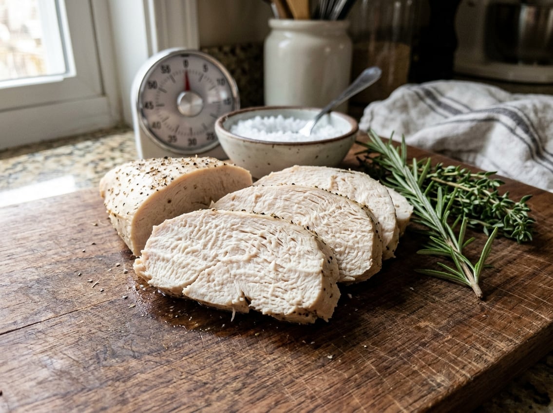 Close-up of sliced cooked chicken breast on a cutting board with herbs and a kitchen timer nearby.