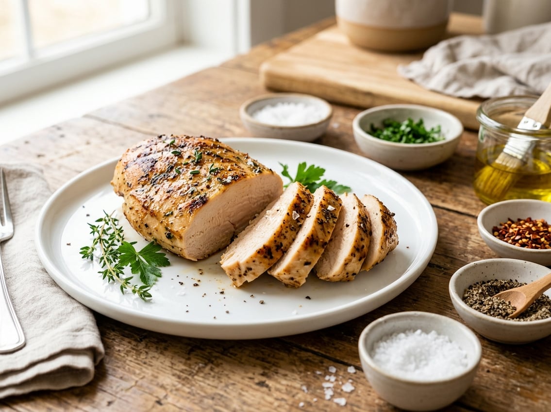 Close-up of a sliced cooked chicken breast on a white plate with small bowls of seasonings nearby in a bright kitchen.
