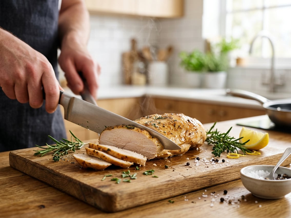 Close-up of a sliced cooked chicken breast on a cutting board with fresh herbs and lemon in a kitchen.