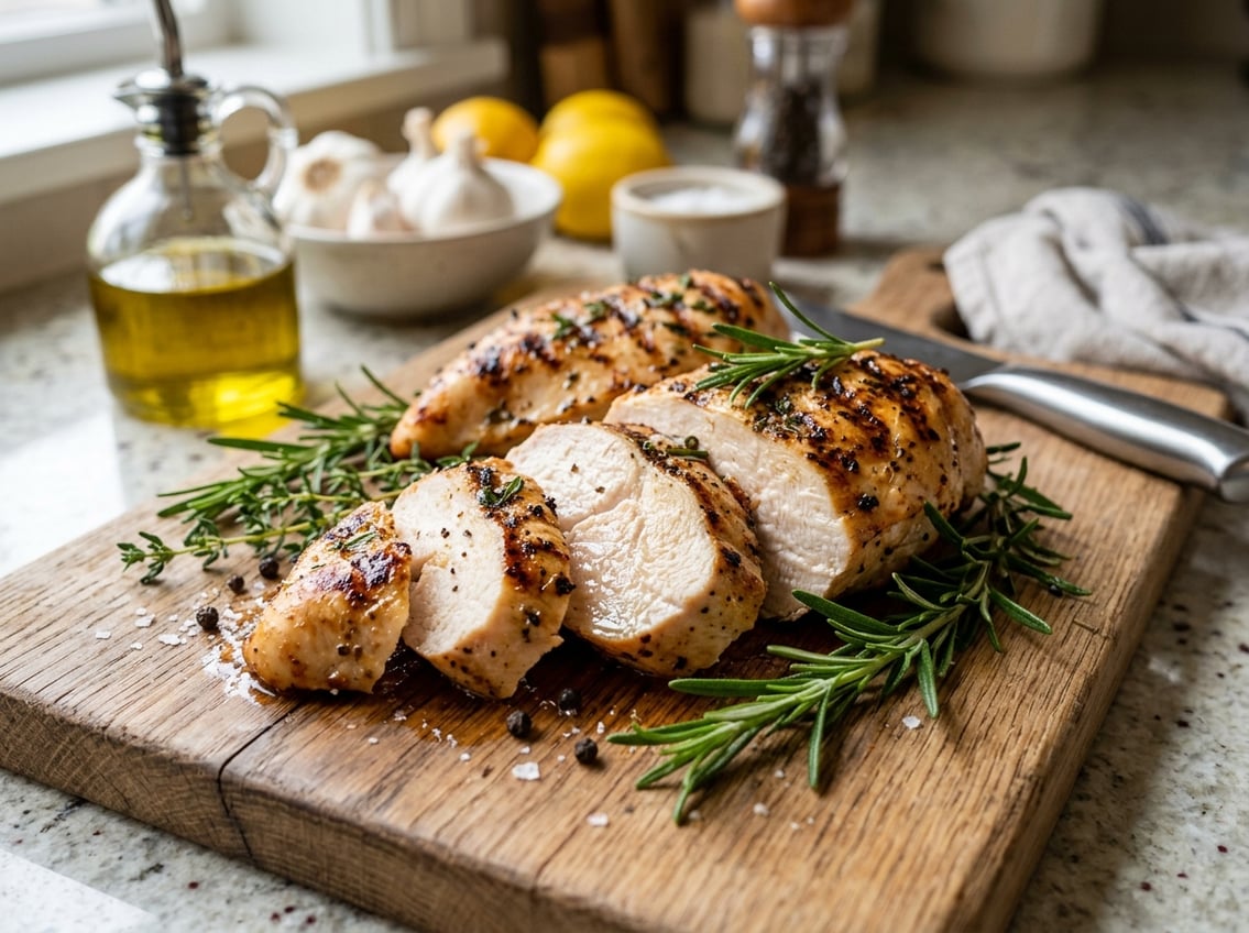 A sliced cooked chicken breast on a wooden cutting board with fresh herbs and kitchen ingredients in the background.