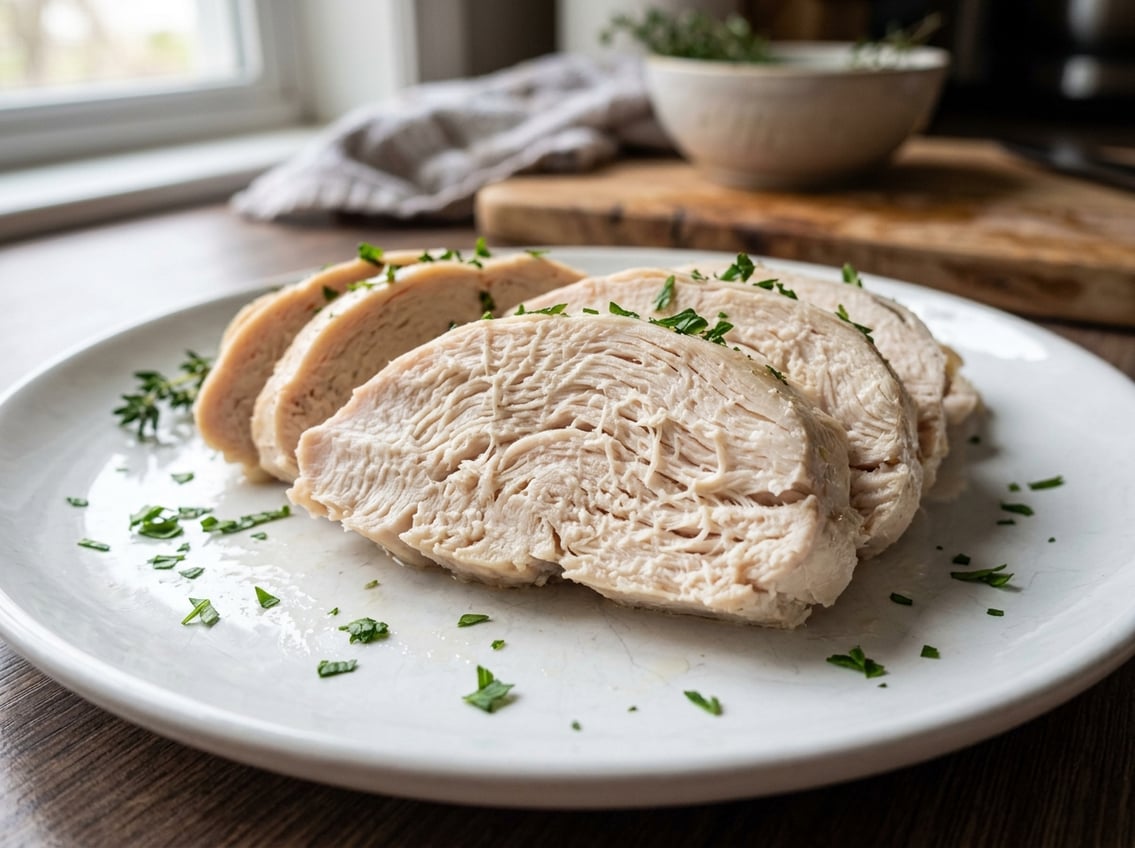 Close-up of a sliced cooked chicken breast showing its fibrous, stringy texture on a white plate.