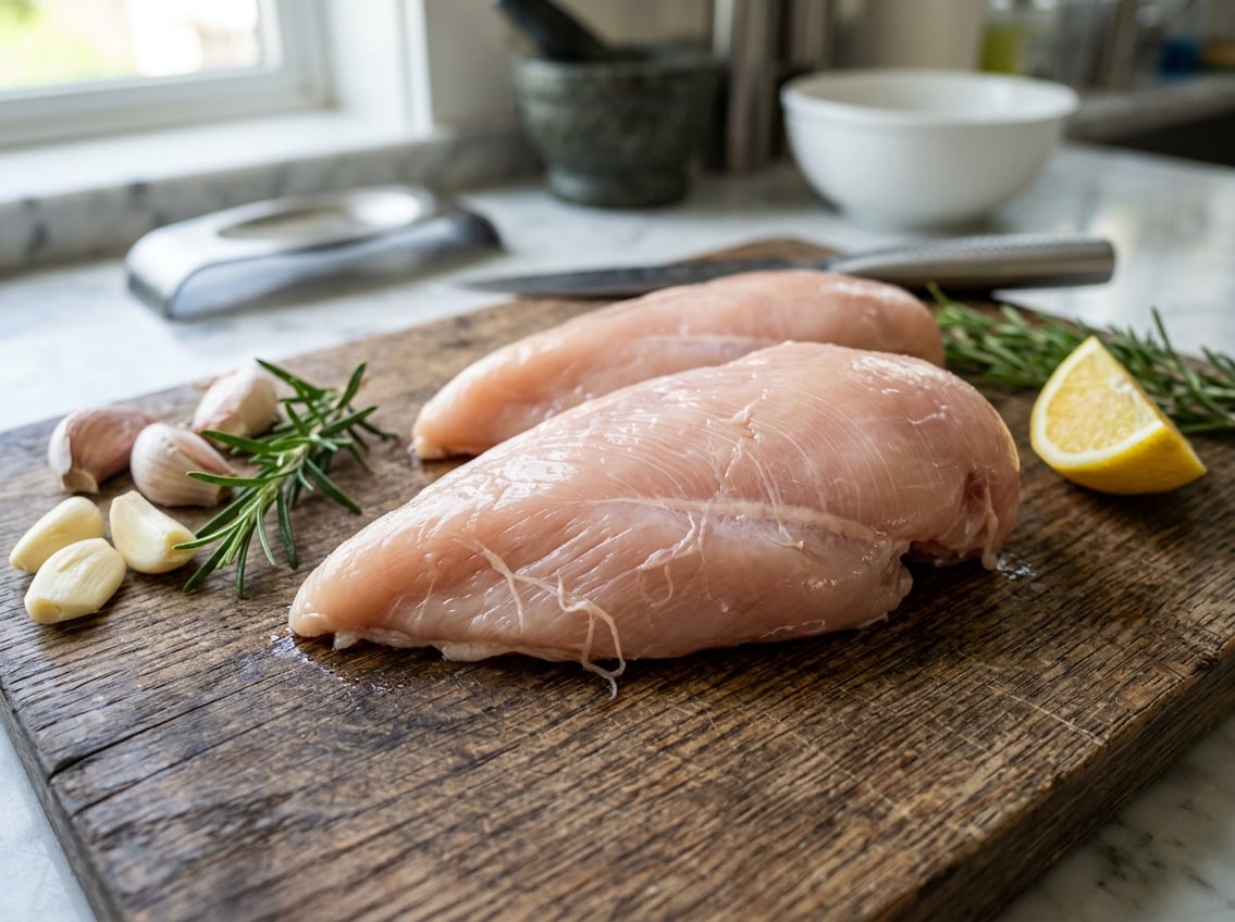 Close-up of raw chicken breasts on a cutting board with fresh herbs and garlic in a kitchen.