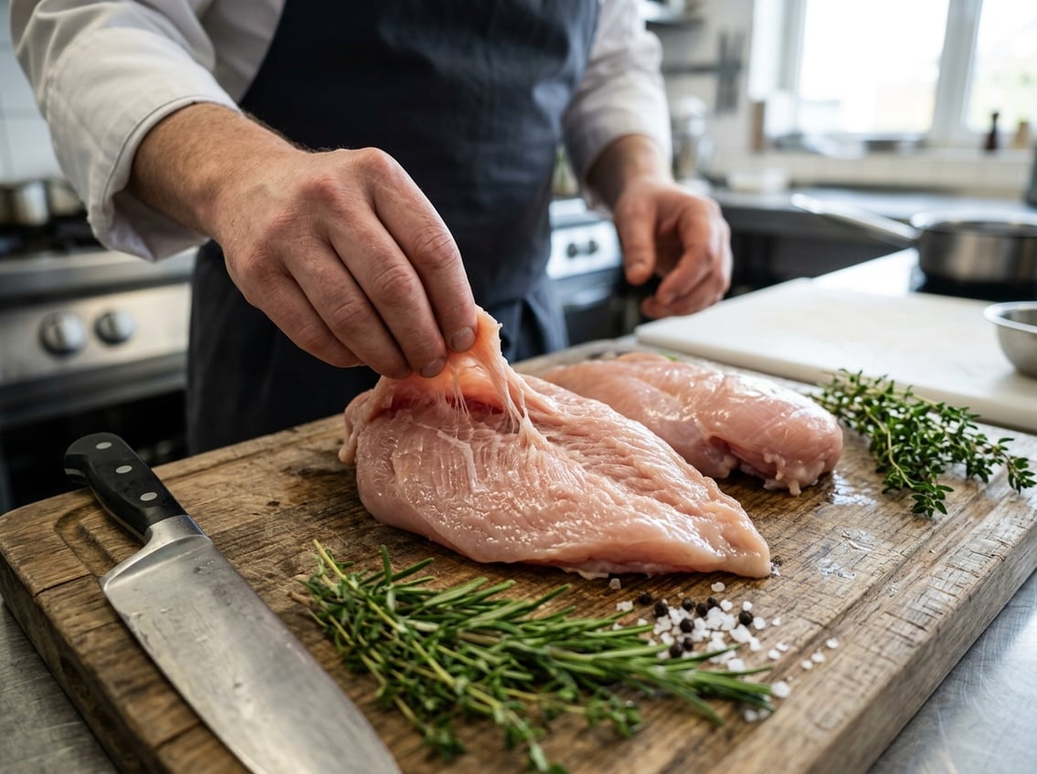 Close-up of raw chicken breasts on a cutting board with herbs and a knife, a chef's hand gently handling the chicken in a kitchen.