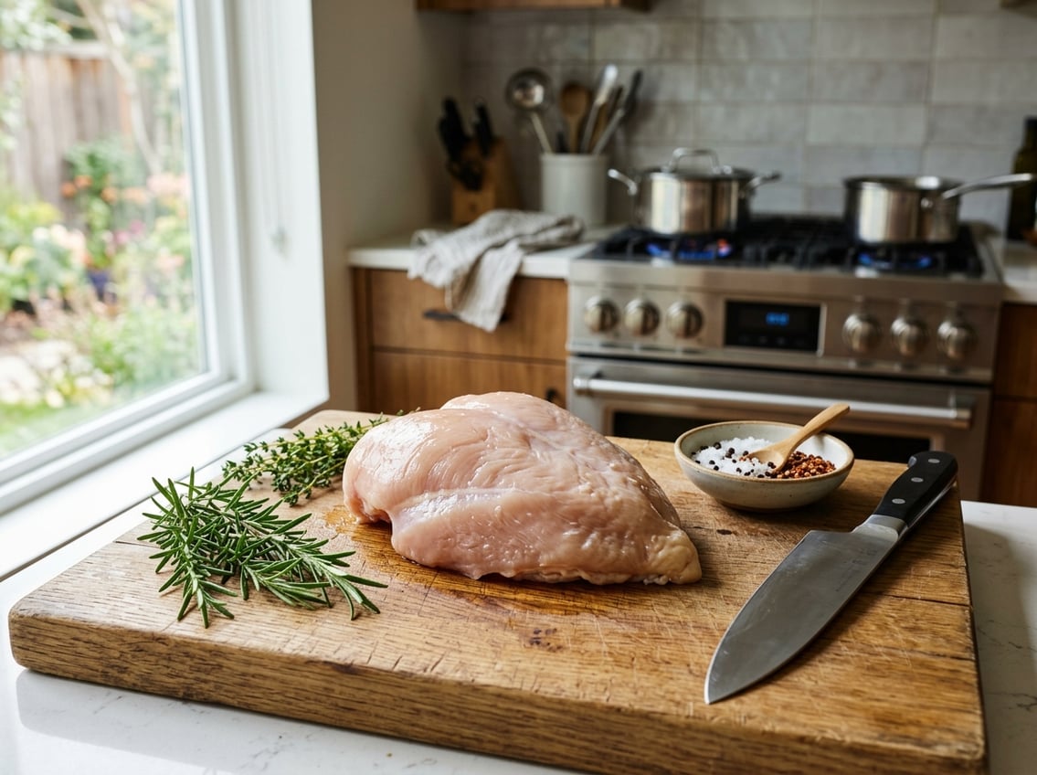 Fresh raw chicken breast on a wooden cutting board with herbs and spices in a kitchen setting.