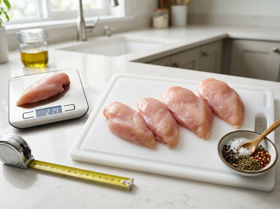 Close-up of raw chicken breasts on a cutting board with a food scale and measuring tape nearby in a kitchen setting.