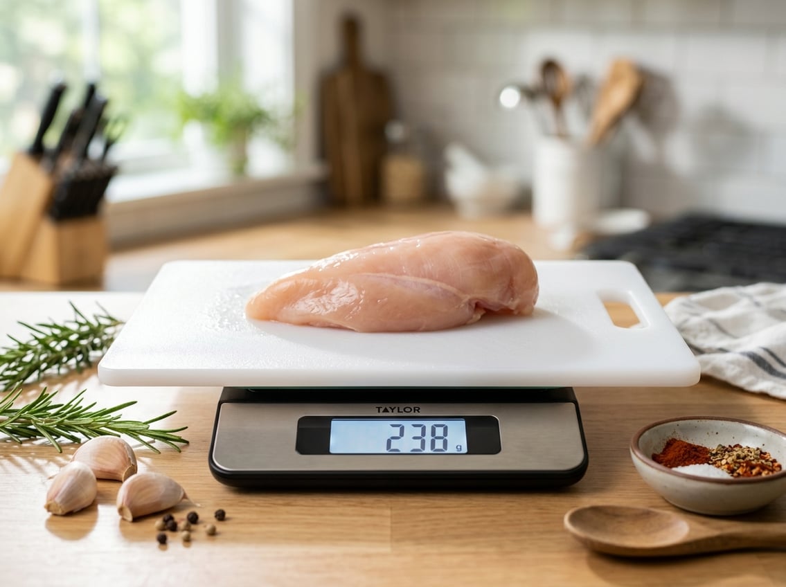 A raw chicken breast on a kitchen scale with fresh herbs and spices nearby.