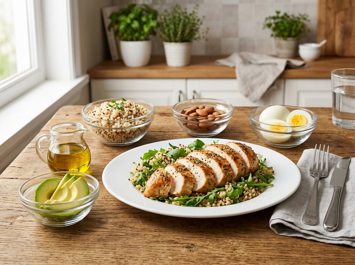 Sliced cooked chicken breast on a plate surrounded by small bowls of protein, fats, and carbohydrates on a wooden table.