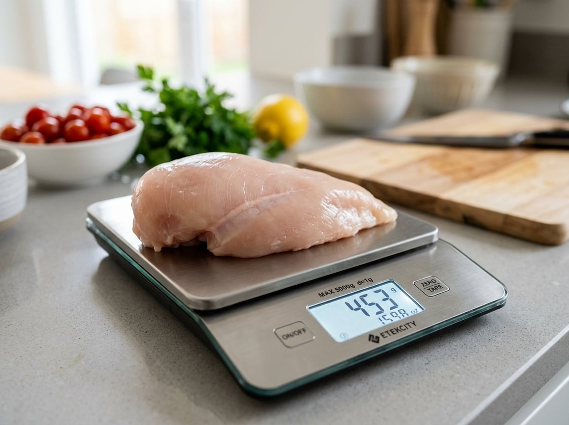 A raw chicken breast on a digital kitchen scale showing its weight on a kitchen countertop.