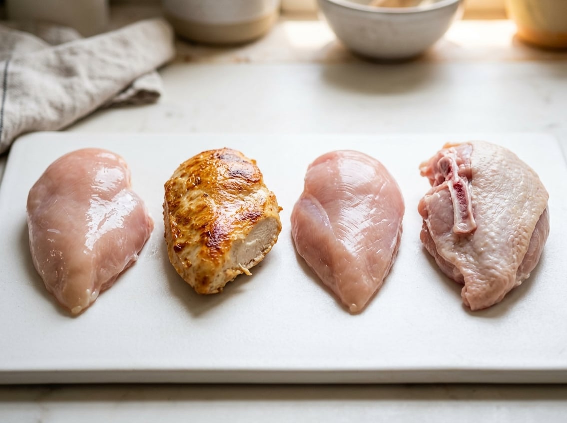 Four chicken breast pieces showing raw, cooked, skinless, and bone-in variations arranged on a white surface.