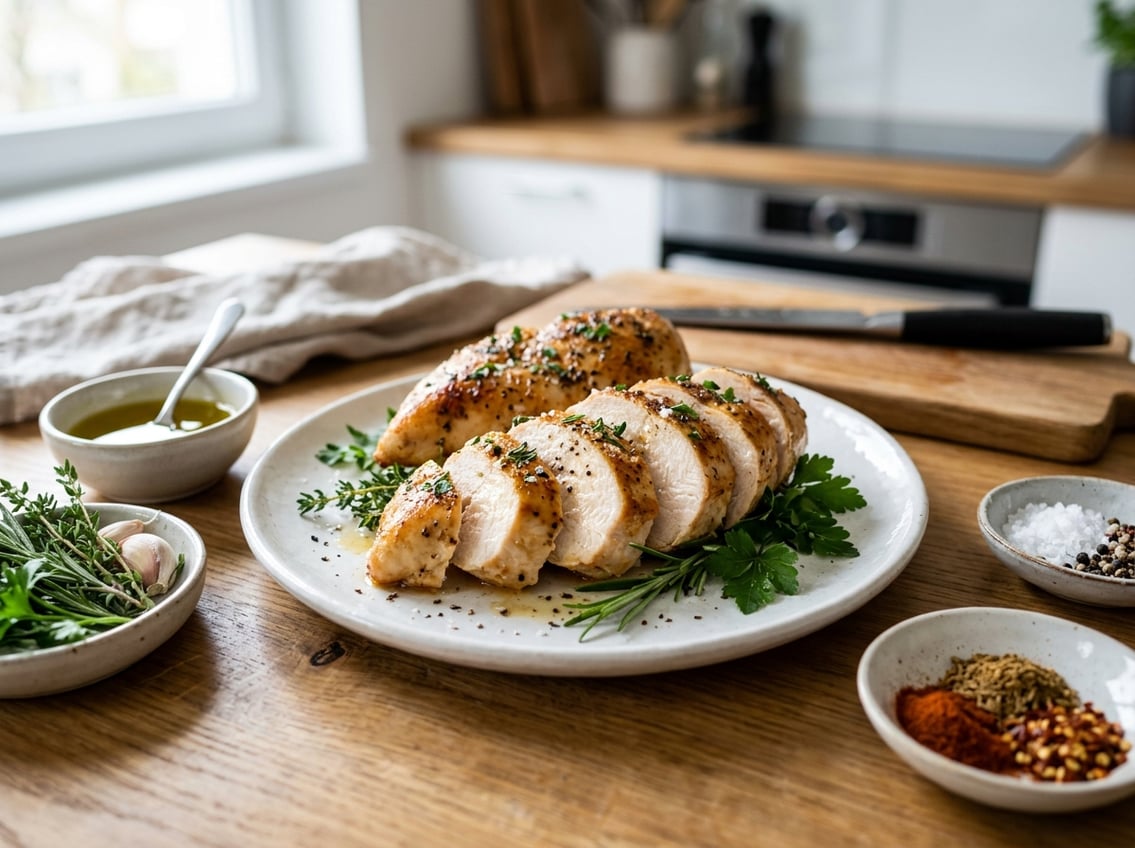 A sliced cooked chicken breast on a white plate with small bowls of cooking ingredients on a kitchen countertop.