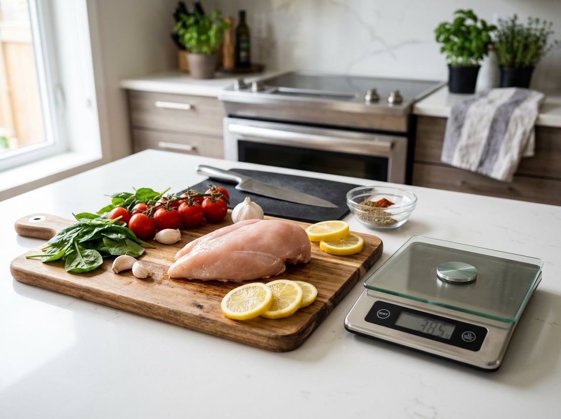 A raw chicken breast on a wooden cutting board surrounded by fresh vegetables and a kitchen scale in a kitchen setting.