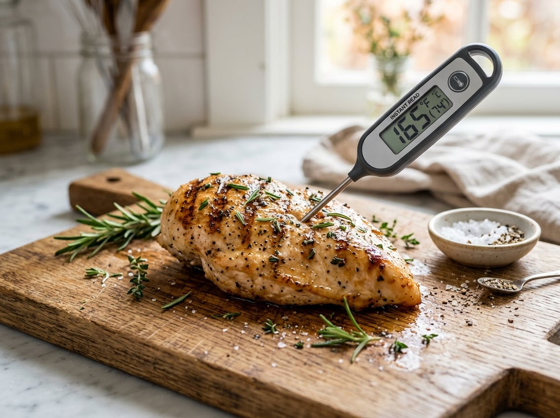 A cooked chicken breast on a cutting board with a meat thermometer showing the temperature inserted into it.